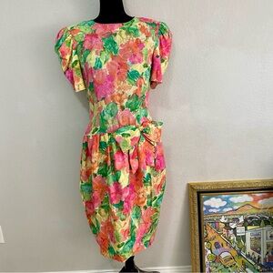 Vintage Juilliard Silk Floral Dress Size 12 Puff Sleeve Bow Waist 80s 90s